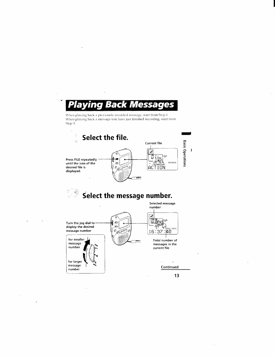 Playing back messages, Select the file, Select the message number | Sony ICD-70 User Manual | Page 13 / 48