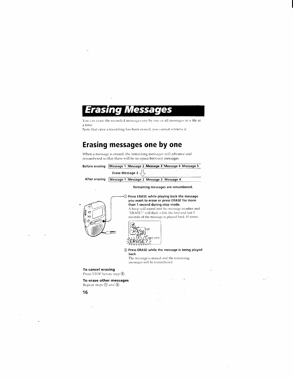 Erase?c, Erasing messages, Erasing messages one by one | Sony ICD-70 User Manual | Page 16 / 48