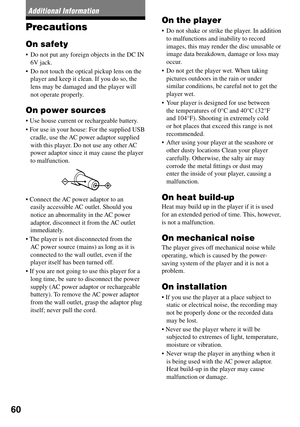 Additional information, Precautions, On safety | On power sources, On the player, On heat build-up, On mechanical noise, On installation | Sony MZ-DH10P User Manual | Page 60 / 99