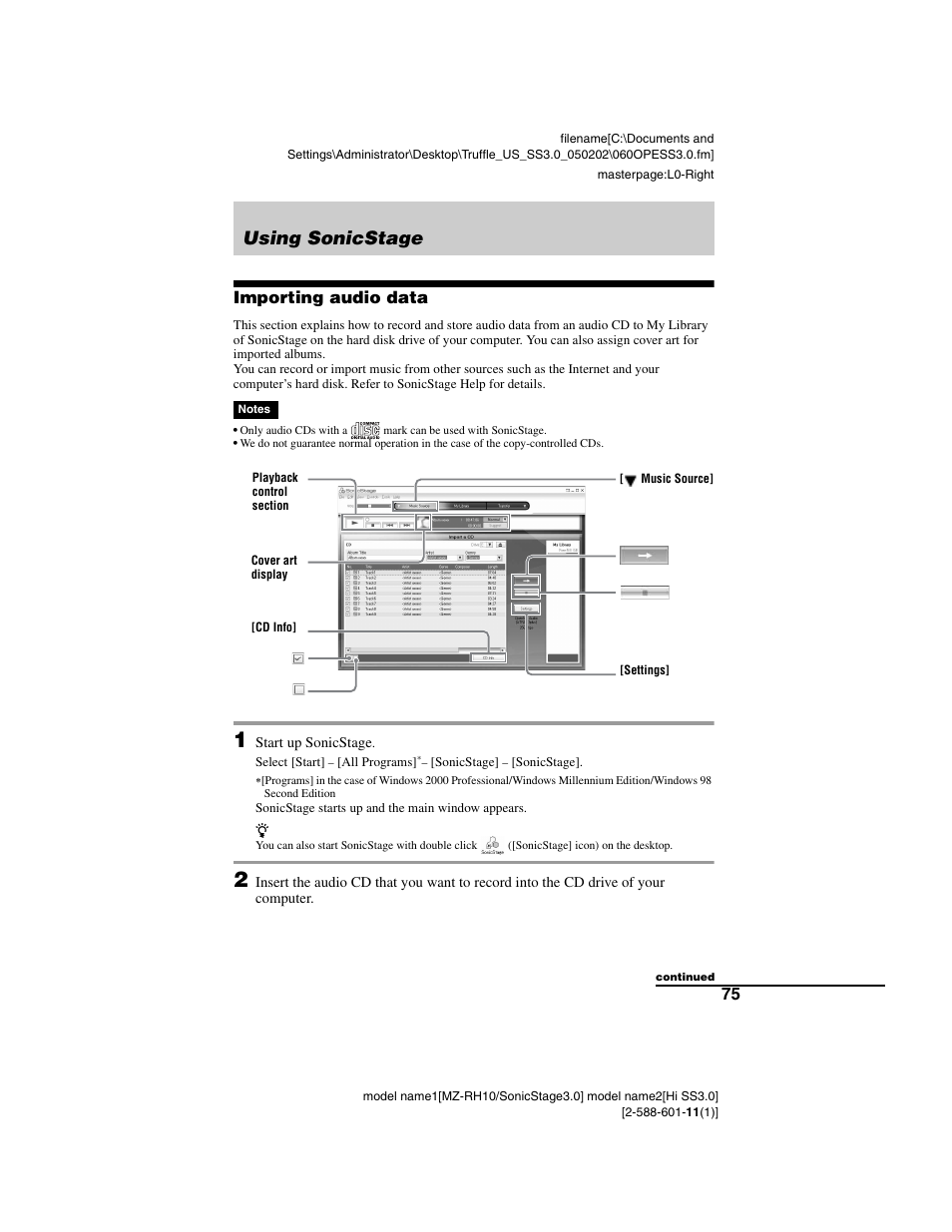 Using sonicstage, Importing audio data | Sony MZ-DH10P User Manual | Page 75 / 99