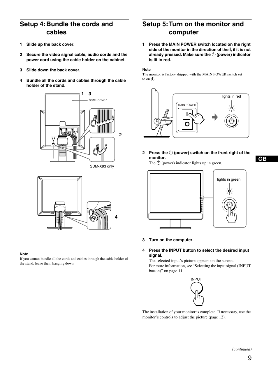 Setup 4:bundle the cords and cables, Setup 5:turn on the monitor and computer, Setup 4: bundle the cords and cables | Setup 5: turn on the monitor and computer | Sony SDM-X53 User Manual | Page 10 / 26