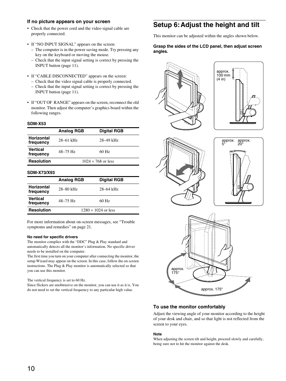 Setup 6:adjust the height and tilt, Setup 6: adjust the height and tilt | Sony SDM-X53 User Manual | Page 11 / 26