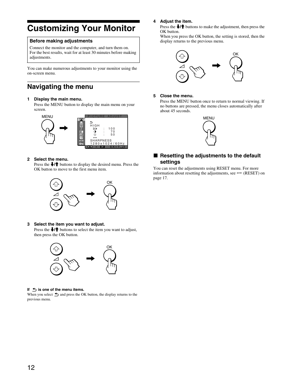 Customizing your monitor, Navigating the menu | Sony SDM-X53 User Manual | Page 13 / 26