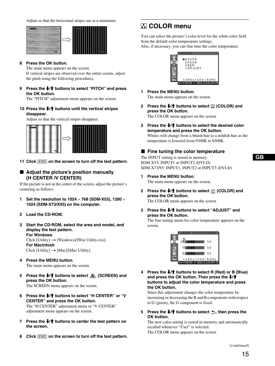 Color menu, Fine tuning the color temperature | Sony SDM-X53 User Manual | Page 16 / 26