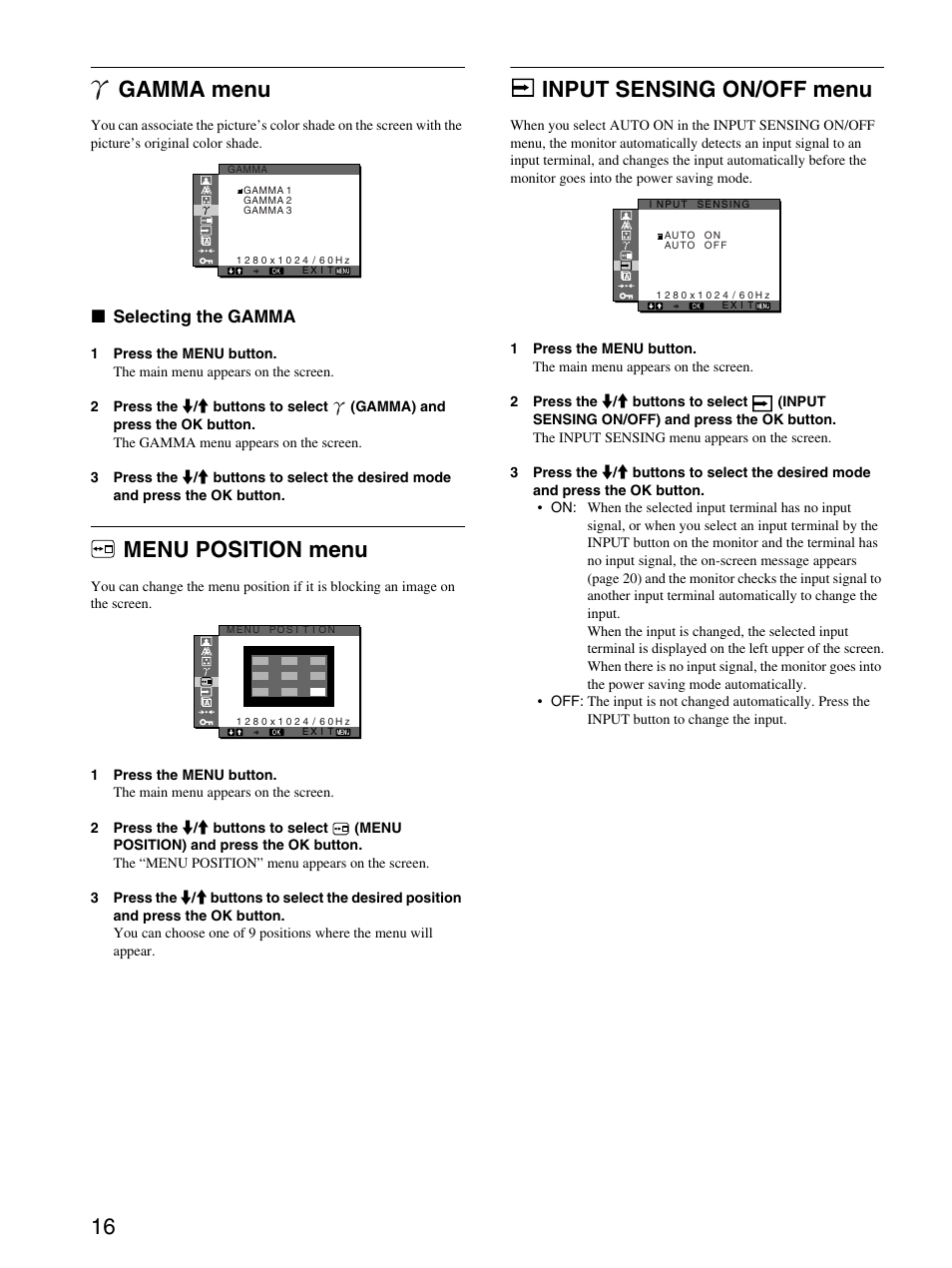 Gamma menu, Selecting the gamma, Menu position menu | Input sensing on/off menu, 16 gamma menu, Xselecting the gamma | Sony SDM-X53 User Manual | Page 17 / 26