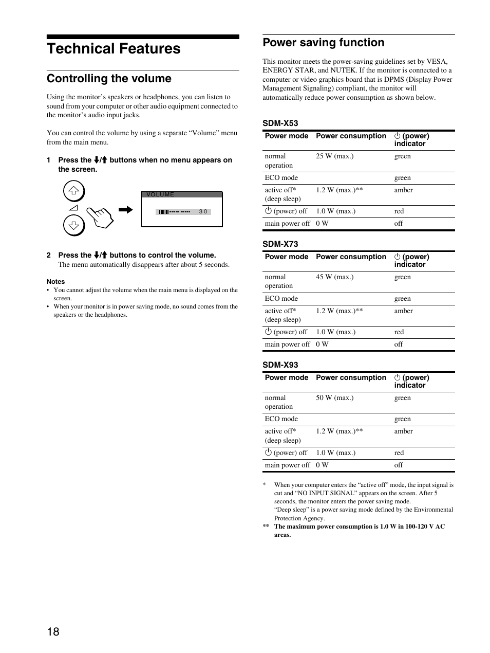 Technical features, Controlling the volume, Power saving function | Controlling the volume power saving function | Sony SDM-X53 User Manual | Page 19 / 26