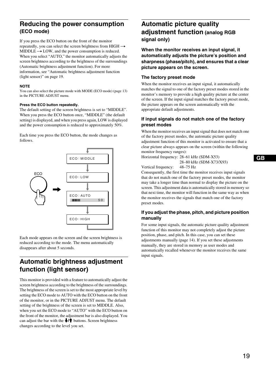 Reducing the power consumption (eco mode), Reducing the power consumption, Automatic picture quality adjustment function | Sony SDM-X53 User Manual | Page 20 / 26