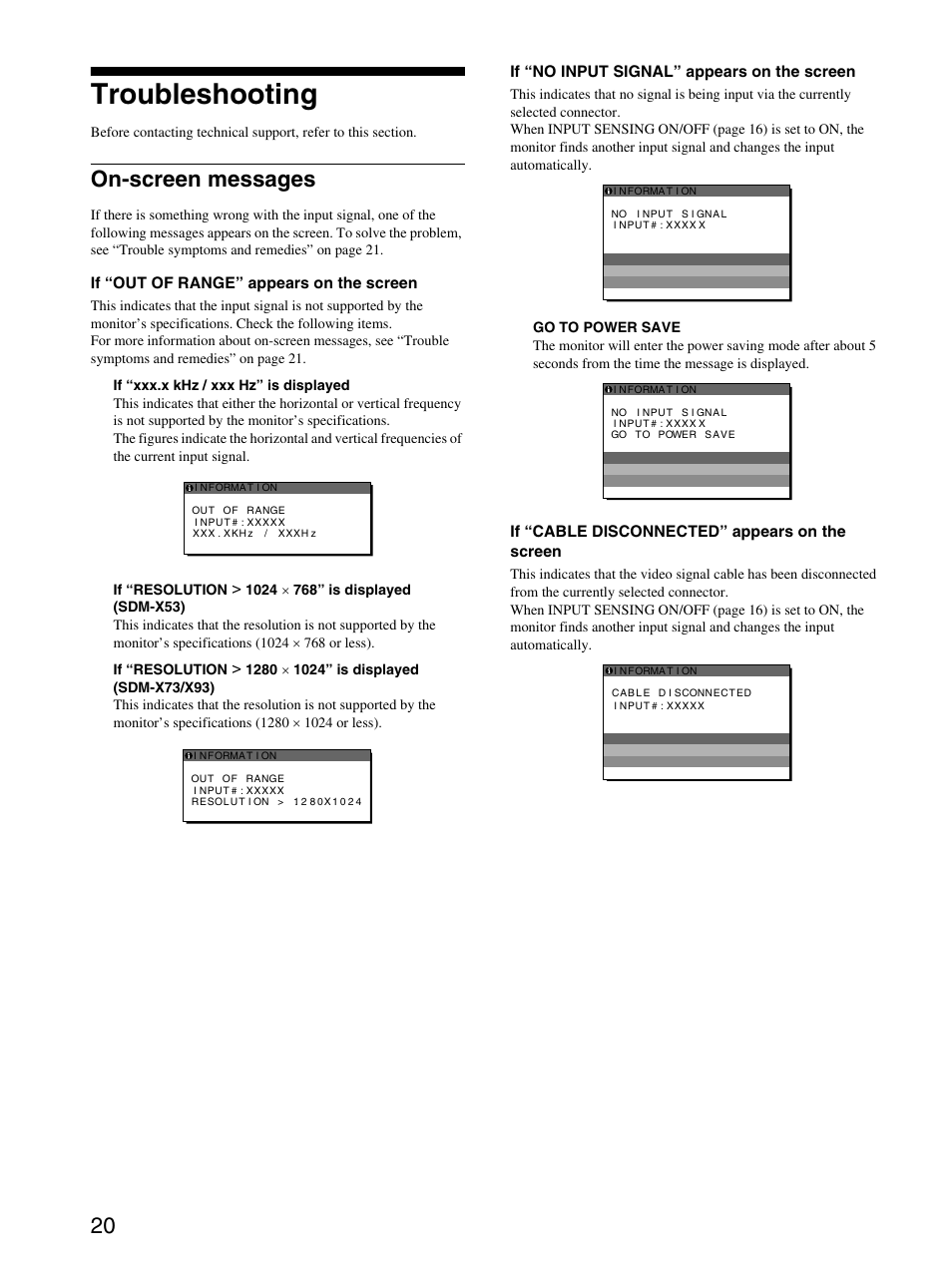 Troubleshooting, On-screen messages | Sony SDM-X53 User Manual | Page 21 / 26