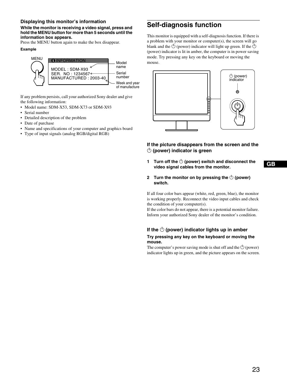 Self-diagnosis function | Sony SDM-X53 User Manual | Page 24 / 26