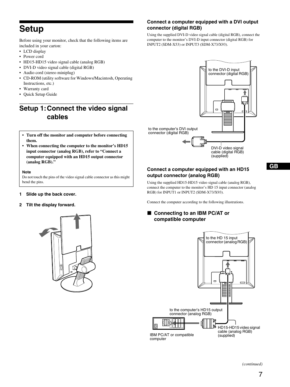 Setup, Setup 1:connect the video signal cables, Setup 1: connect the video signal cables | E 7) | Sony SDM-X53 User Manual | Page 8 / 26