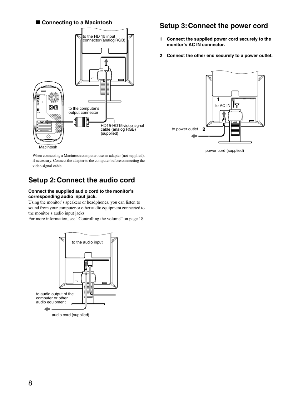 Setup 2:connect the audio cord, Setup 3:connect the power cord, Setup 2: connect the audio cord | Setup 3: connect the power cord | Sony SDM-X53 User Manual | Page 9 / 26