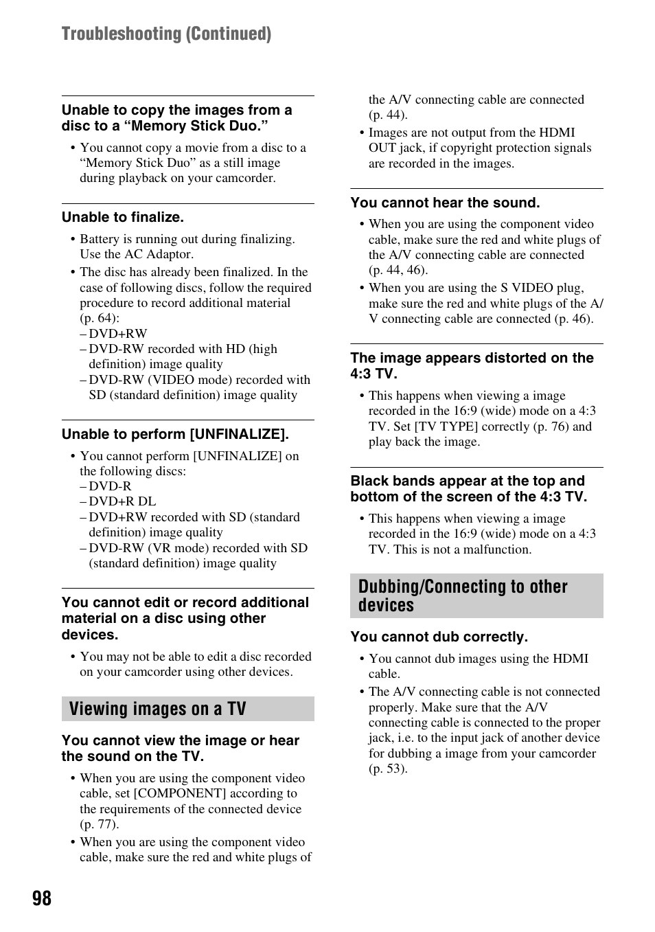 Viewing images on a tv, P. 98, Dubbing/connecting to other devices | Troubleshooting (continued) | Sony HDR-UX5 User Manual | Page 98 / 143