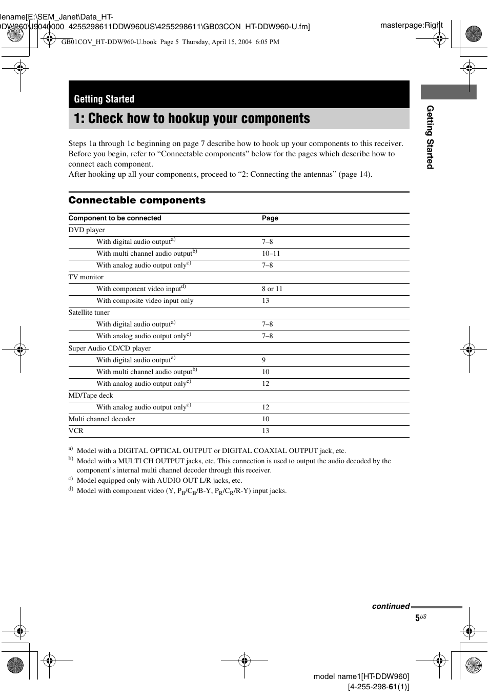 Getting started, Check how to hookup your components, Check how to hookup your | Components, Connectable components | Sony HT-DDW960 User Manual | Page 5 / 56