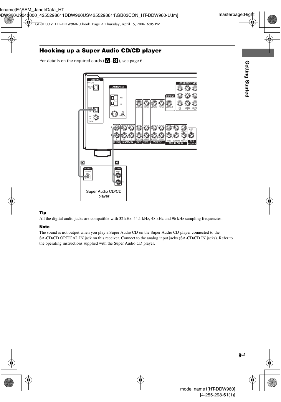 Hooking up a super audio cd/cd player, Gettin g star ted, For details on the required cords ( a | G), see page 6, Super audio cd/cd player | Sony HT-DDW960 User Manual | Page 9 / 56