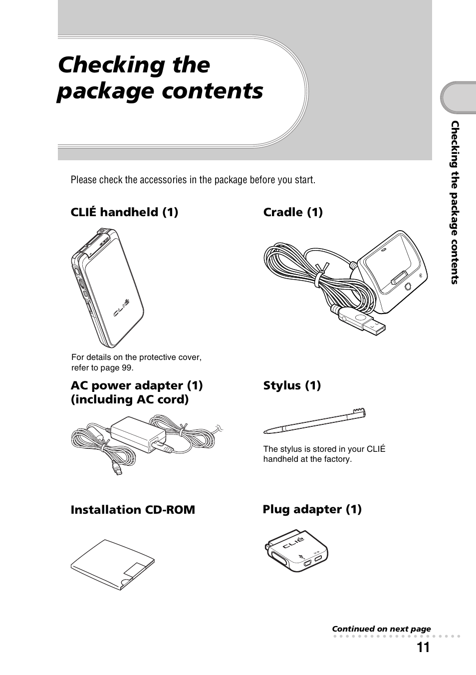 Checking the package contents | Sony PEG-TG50 User Manual | Page 11 / 104