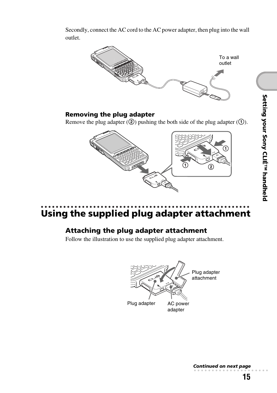Using the supplied plug adapter attachment | Sony PEG-TG50 User Manual | Page 15 / 104