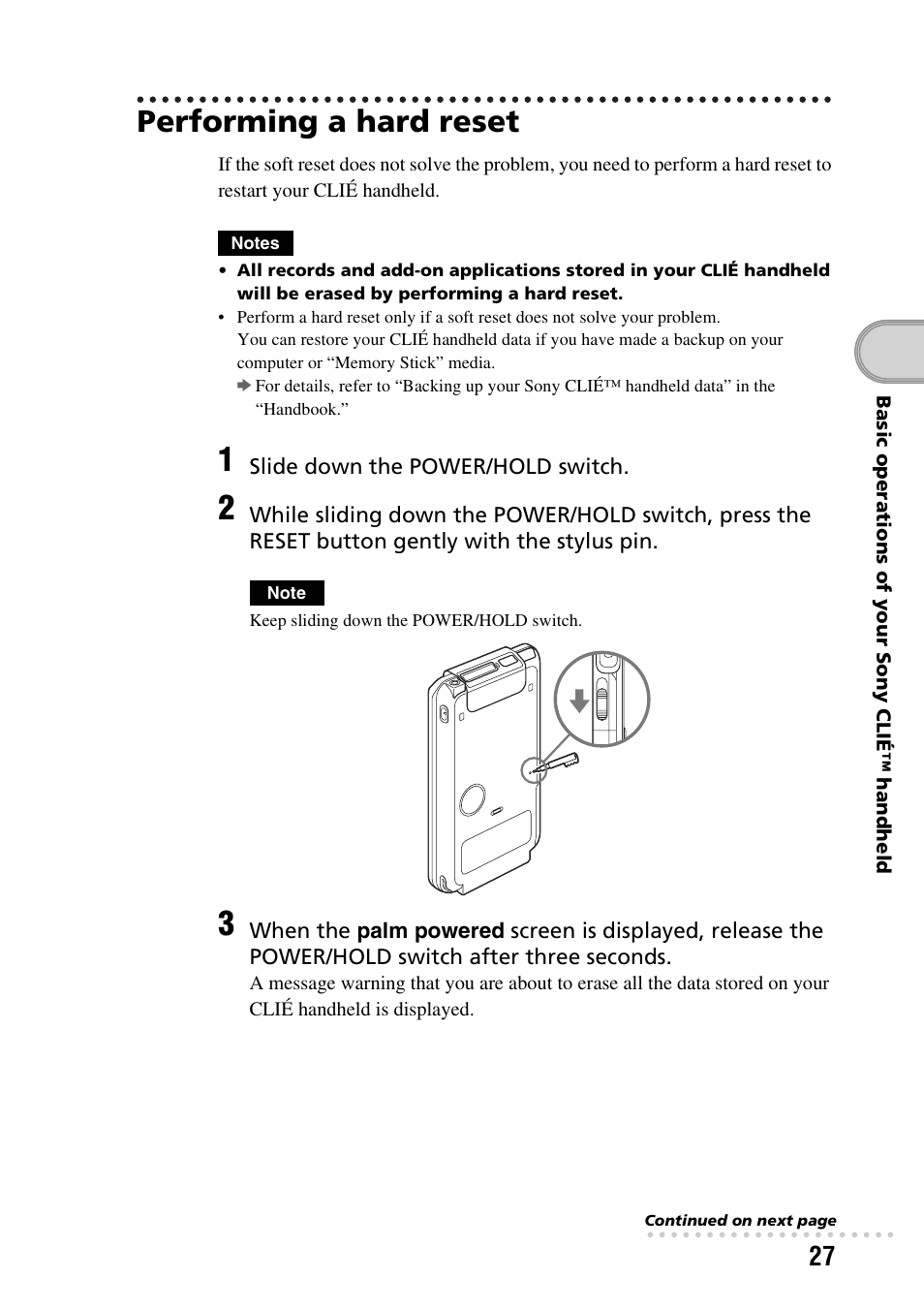 Performing a hard reset | Sony PEG-TG50 User Manual | Page 27 / 104