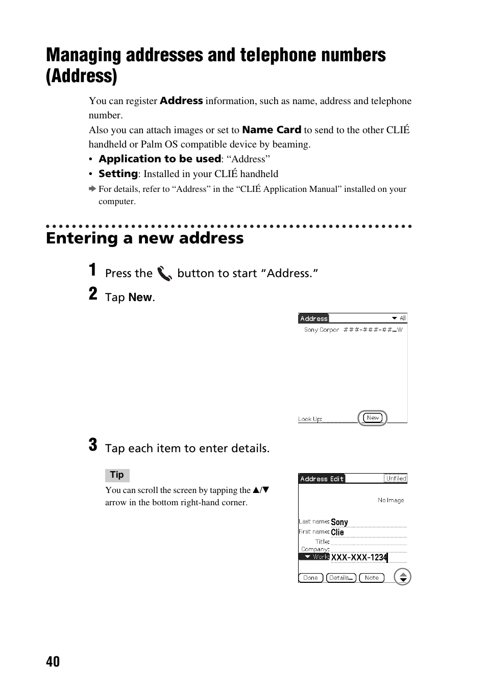 Managing addresses and telephone numbers (address), Entering a new address, Managing addresses and telephone | Numbers (address) | Sony PEG-TG50 User Manual | Page 40 / 104