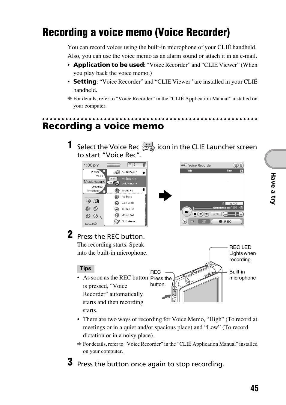 Recording a voice memo (voice recorder), Recording a voice memo, Voice recorder) | Sony PEG-TG50 User Manual | Page 45 / 104
