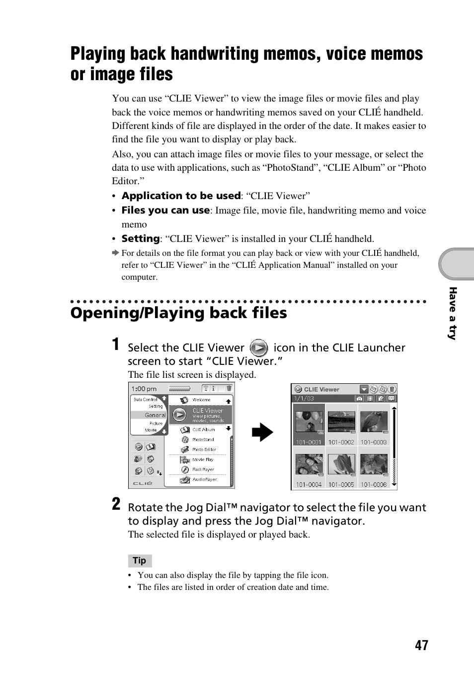 Opening/playing back files, Playing back handwriting memos, voice, Memos or image files | Sony PEG-TG50 User Manual | Page 47 / 104