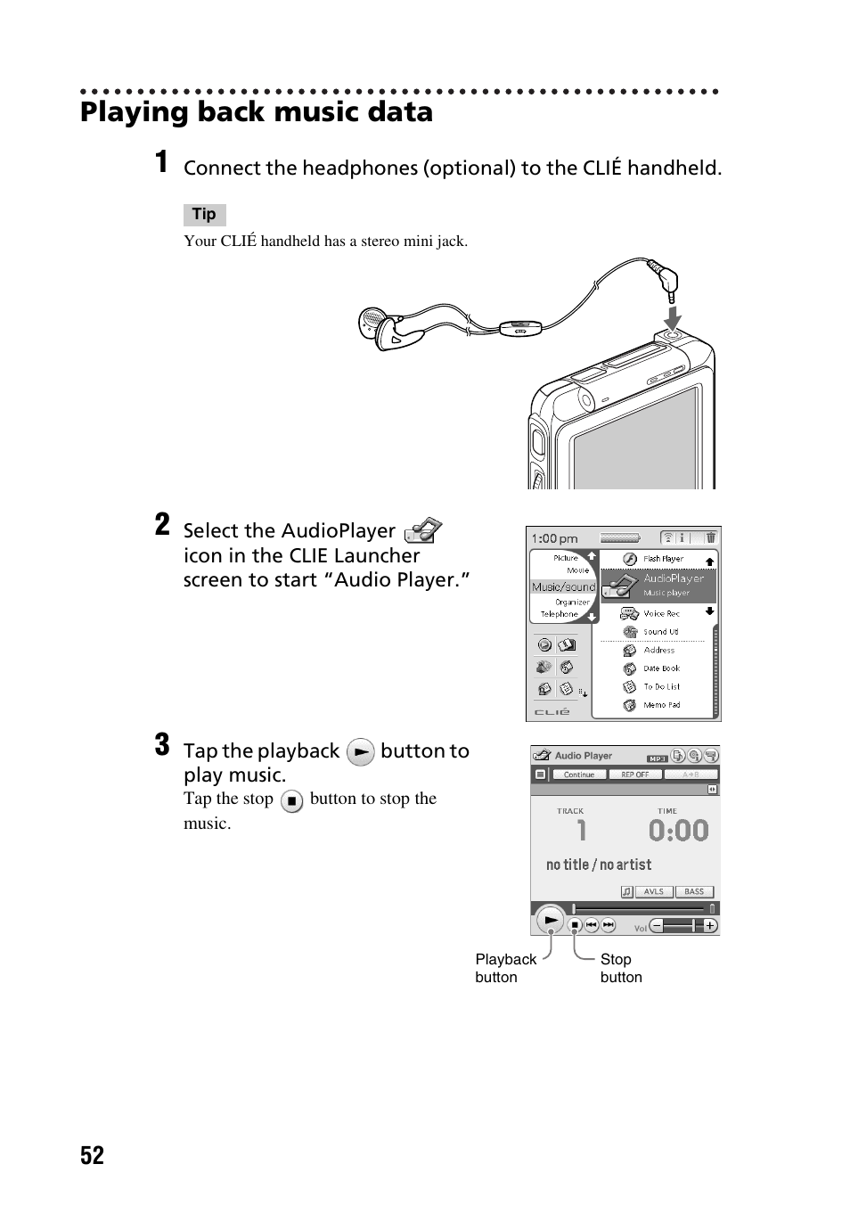 Playing back music data | Sony PEG-TG50 User Manual | Page 52 / 104