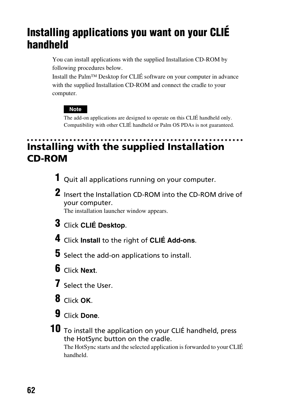 Installing with the supplied installation cdrom, Installing applications you want, On your clié handheld | Installing with the supplied installation cd-rom | Sony PEG-TG50 User Manual | Page 62 / 104