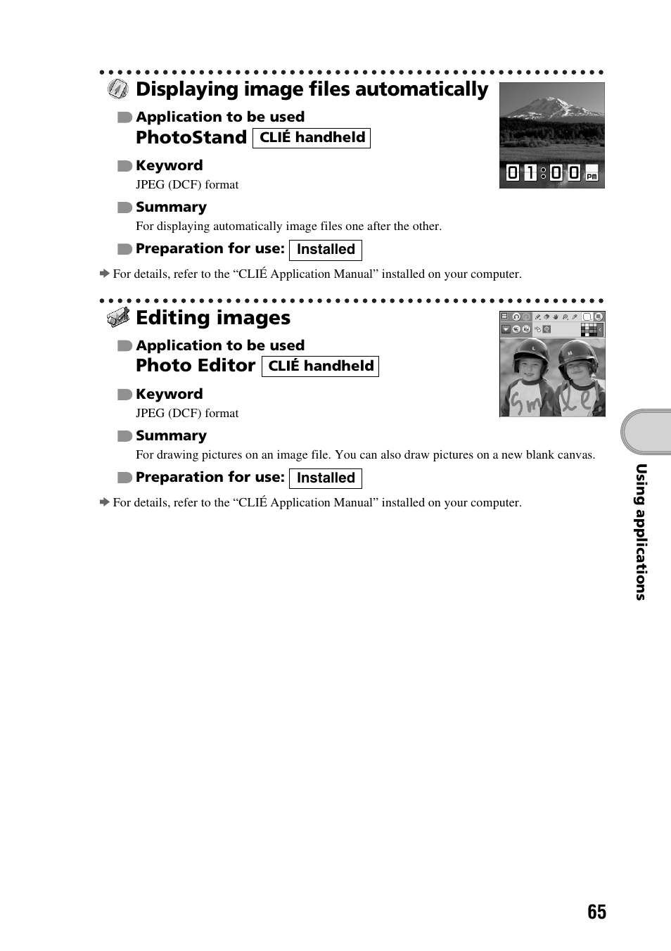 Displaying image files automatically, Editing images, Photostand | Photo editor | Sony PEG-TG50 User Manual | Page 65 / 104