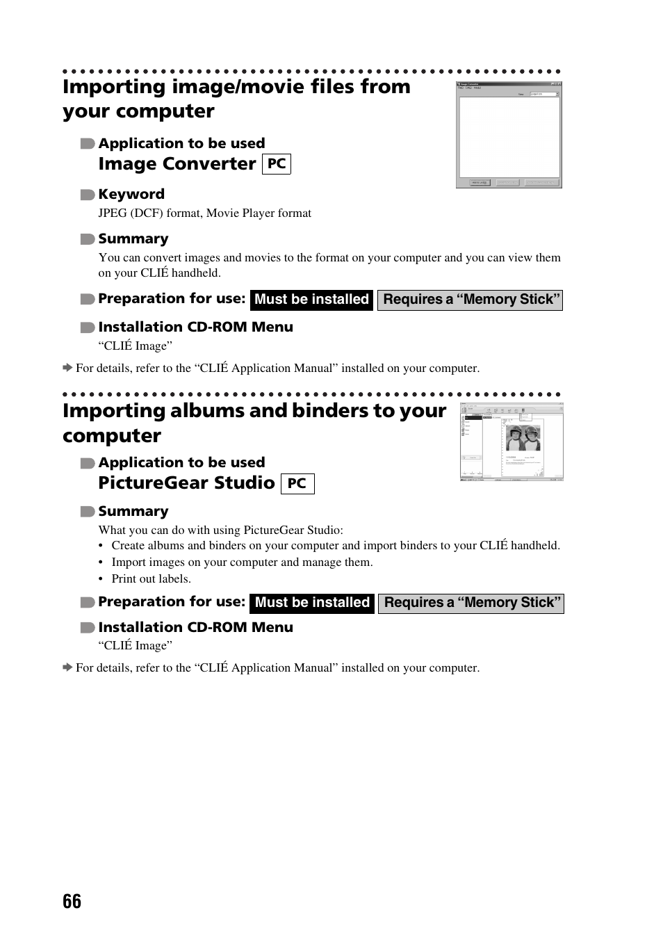 Importing image/movie files from your computer, Importing albums and binders to your computer, Image converter | Picturegear studio | Sony PEG-TG50 User Manual | Page 66 / 104