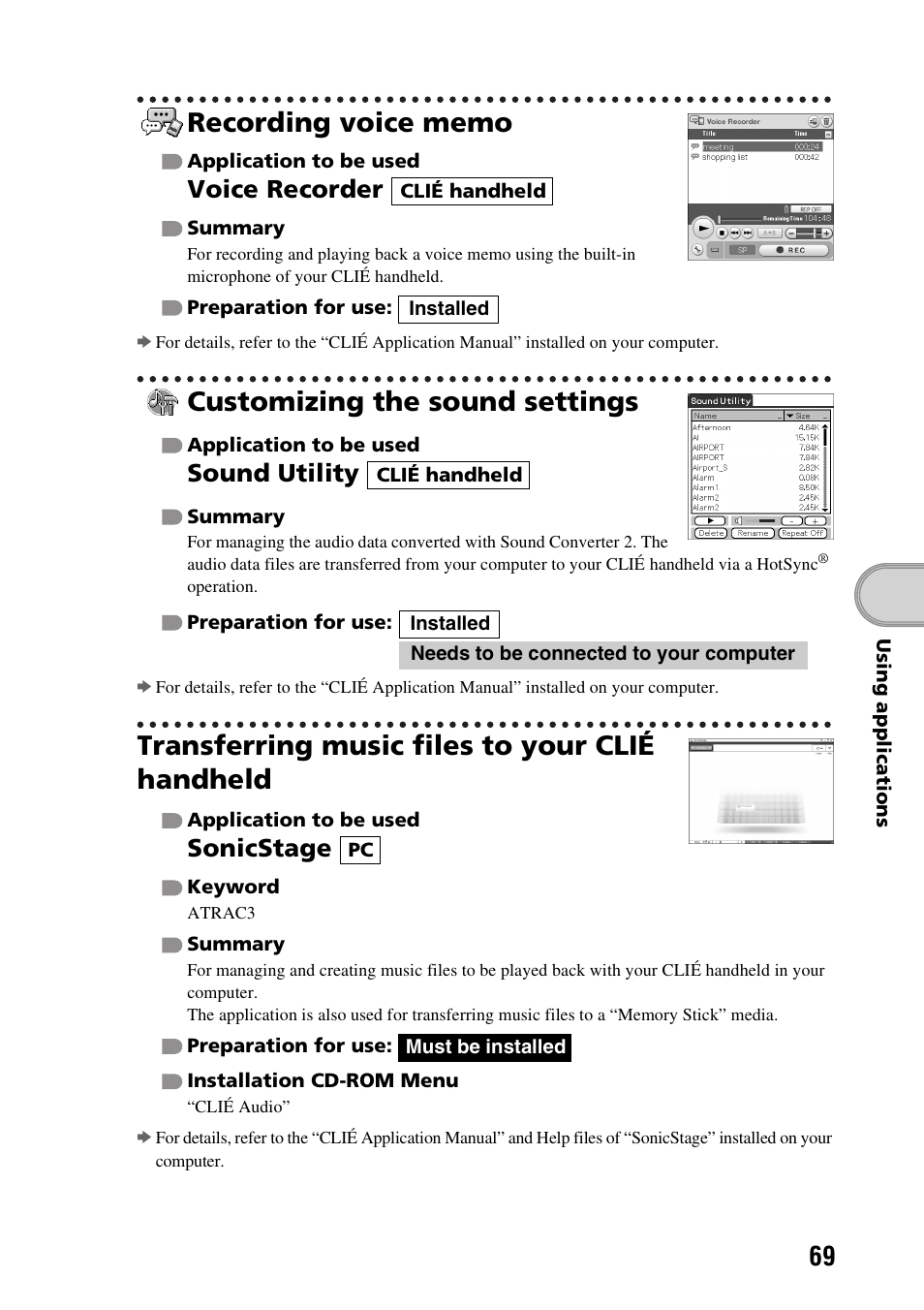 Recording voice memo, Customizing the sound settings, Transferring music files to your clié handheld | Voice recorder, Sound utility, Sonicstage | Sony PEG-TG50 User Manual | Page 69 / 104
