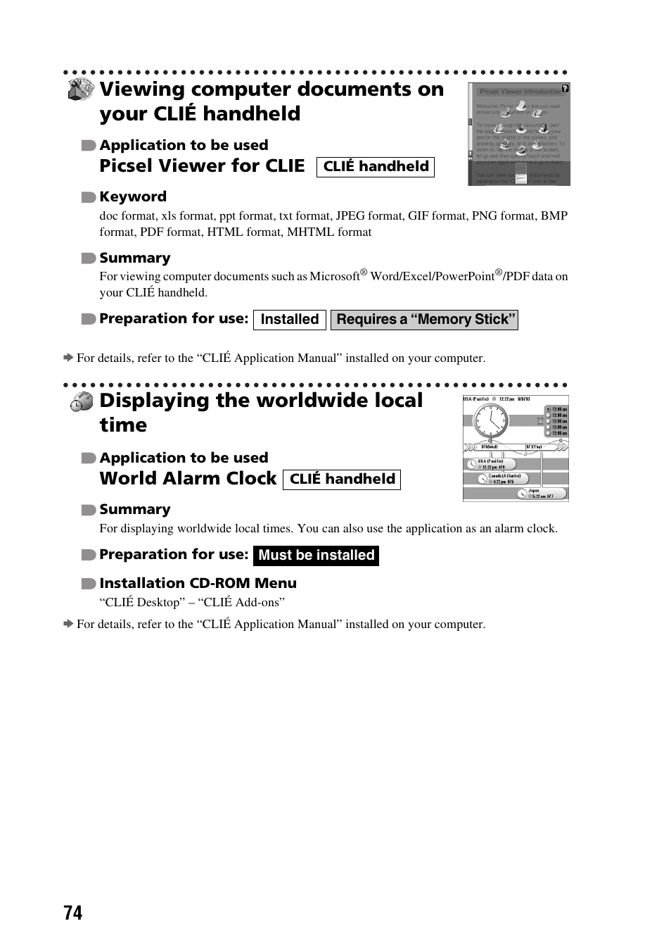 Viewing computer documents on your clié handheld, Displaying the worldwide local time, Picsel viewer for clie | World alarm clock | Sony PEG-TG50 User Manual | Page 74 / 104