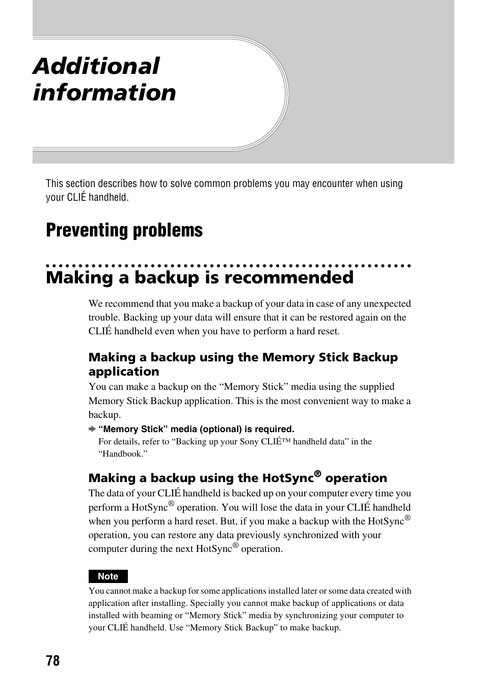 Additional information, Preventing problems, Making a backup is recommended | Sony PEG-TG50 User Manual | Page 78 / 104