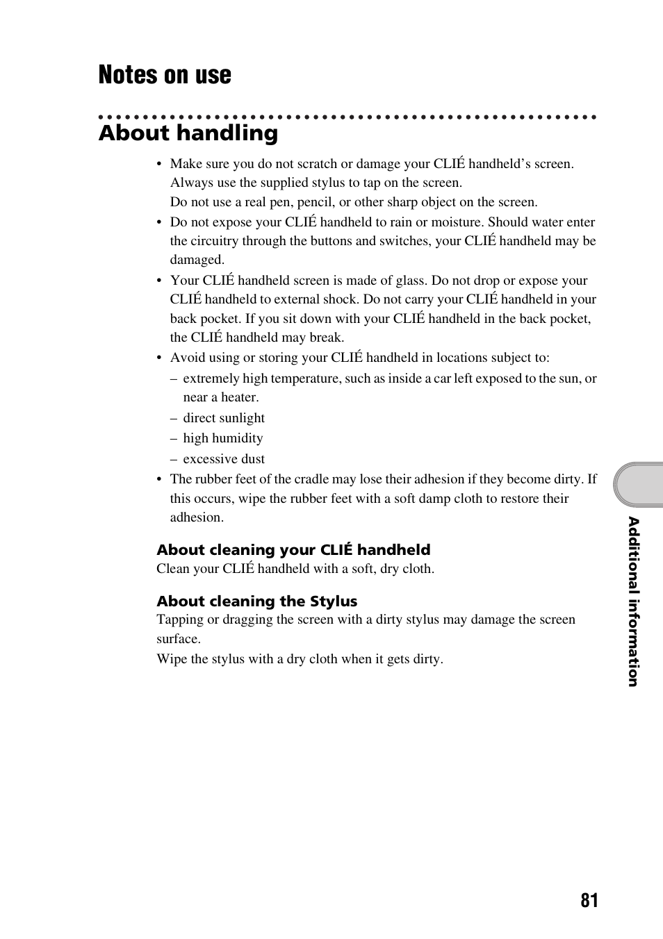 Notes on use, About handling | Sony PEG-TG50 User Manual | Page 81 / 104