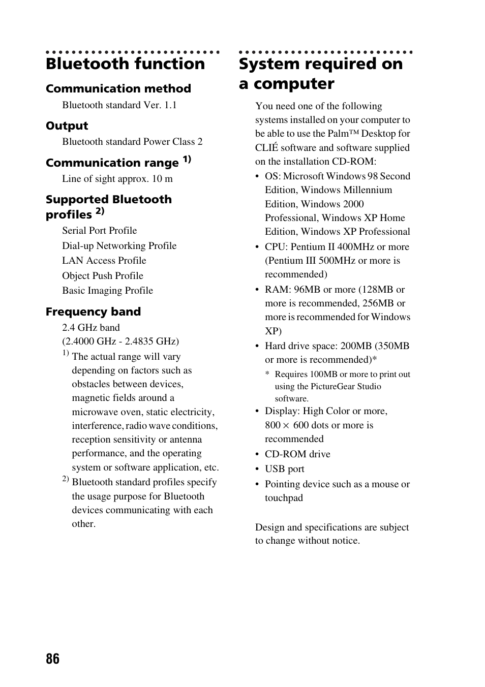 Bluetooth function, System required on a computer | Sony PEG-TG50 User Manual | Page 86 / 104