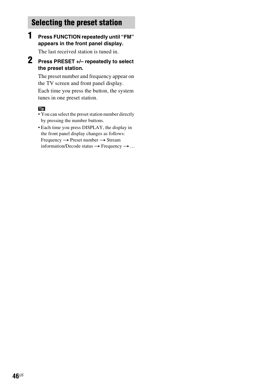 Selecting the preset station | Sony BDV-E580 User Manual | Page 46 / 80