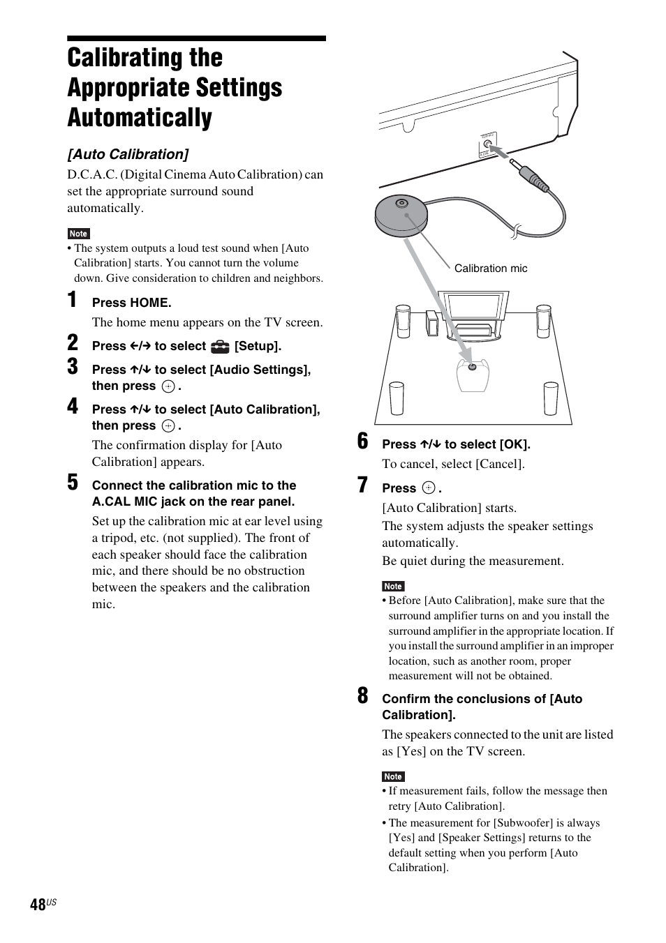 Calibrating the appropriate settings automatically, Calibrating the appropriate settings, Automatically | Sony BDV-E580 User Manual | Page 48 / 80