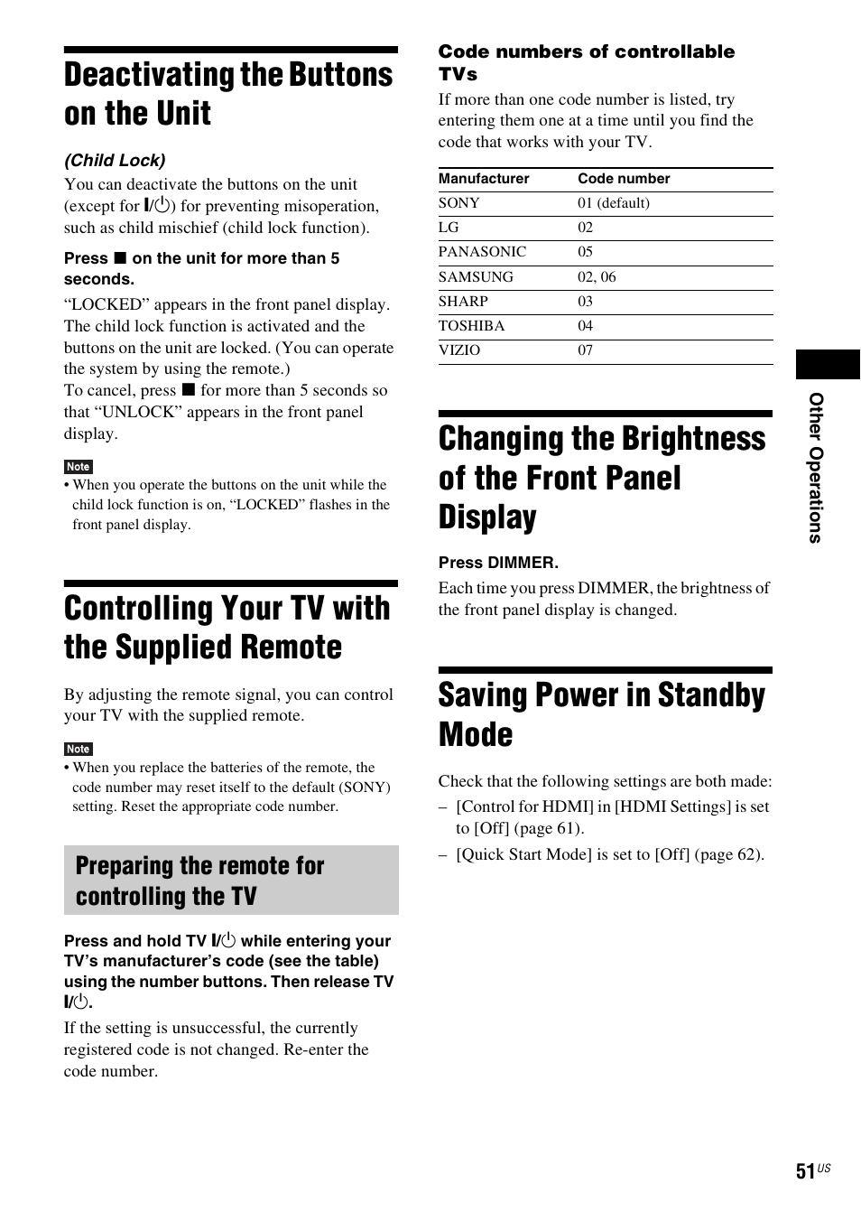 Deactivating the buttons on the unit, Controlling your tv with the supplied remote, Preparing the remote for controlling the tv | Changing the brightness of the front panel display, Saving power in standby mode, Deactivating the buttons on, The unit, Controlling your tv with the supplied, Remote, Changing the brightness of the front | Sony BDV-E580 User Manual | Page 51 / 80