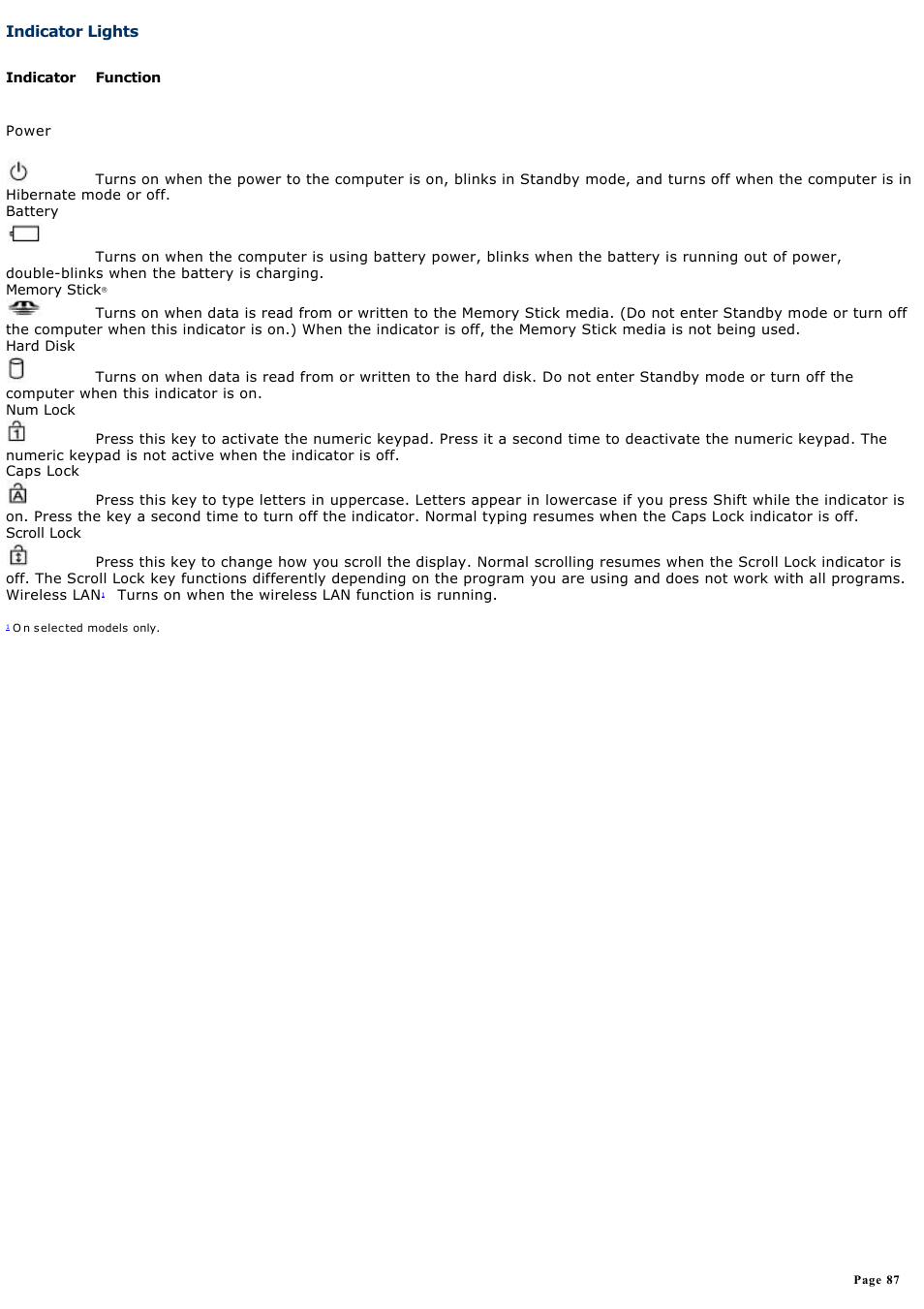Indicator lights | Sony PCG-V505DH User Manual | Page 87 / 152