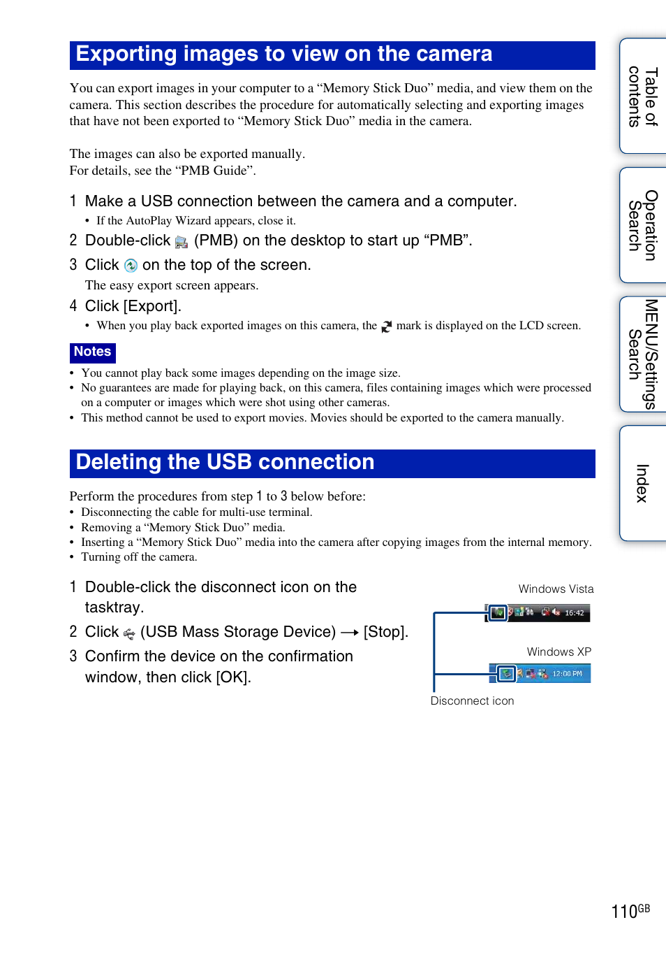 Exporting images to view on the camera, Deleting the usb connection | Sony DSC-W290 User Manual | Page 110 / 145