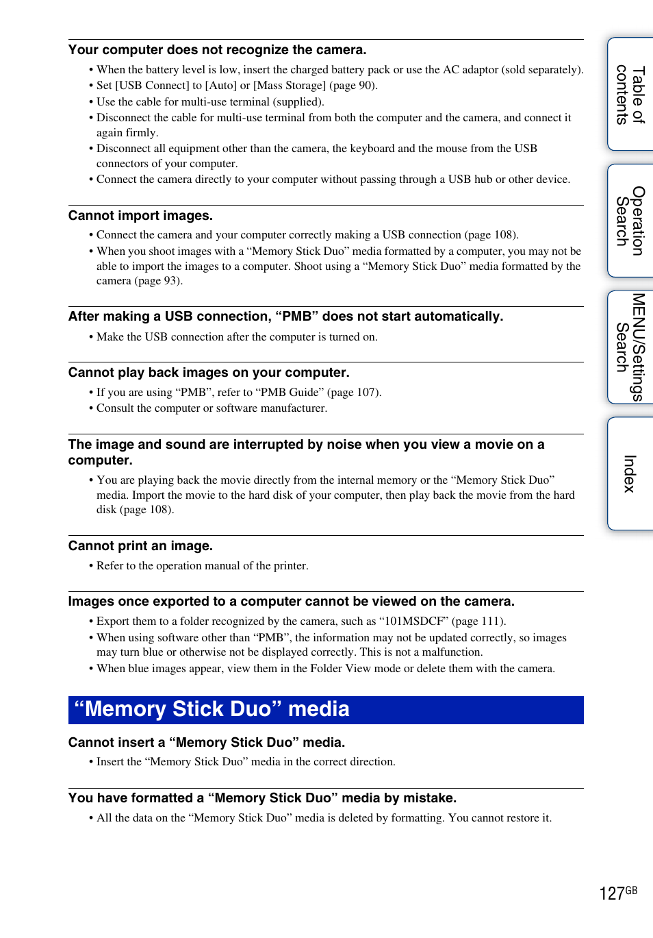 Memory stick duo” media | Sony DSC-W290 User Manual | Page 127 / 145