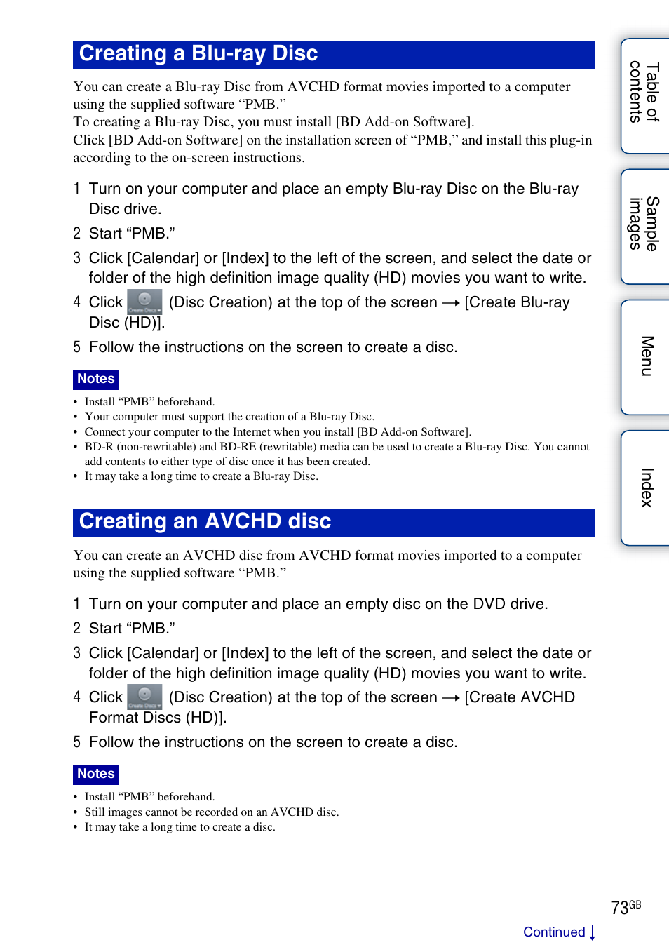 Creating a blu-ray disc, Creating an avchd disc | Sony NEX-VG10 User Manual | Page 73 / 95