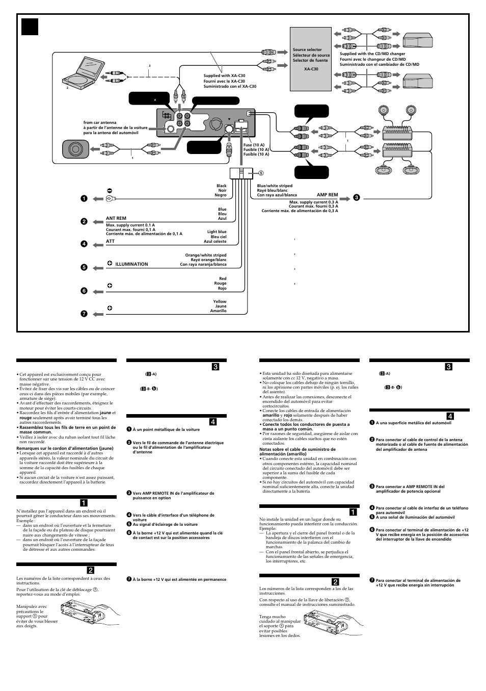 Précautions, Avant l’installation ( 1 ), Liste des composants ( 2 ) | Exemple de raccordement ( 3 ), Schéma de raccordement ( 4 ), Precauciones, Antes de realizar la instalación ( 1 ), Lista de componentes ( 2 ), Ejemplo de conexiones ( 3 ), Diagramas de conexión ( 4 ) | Sony MEX-5DI User Manual | Page 2 / 4