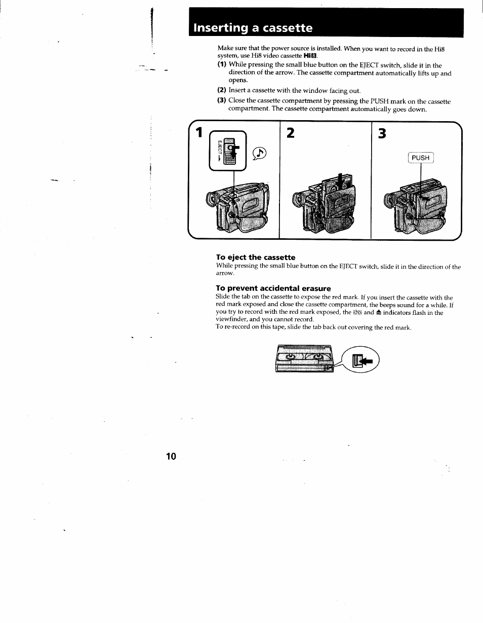 To eject the cassette, To prevent accidental erasure, Inserting a cassette | Sony CCD-TR930 User Manual | Page 10 / 71