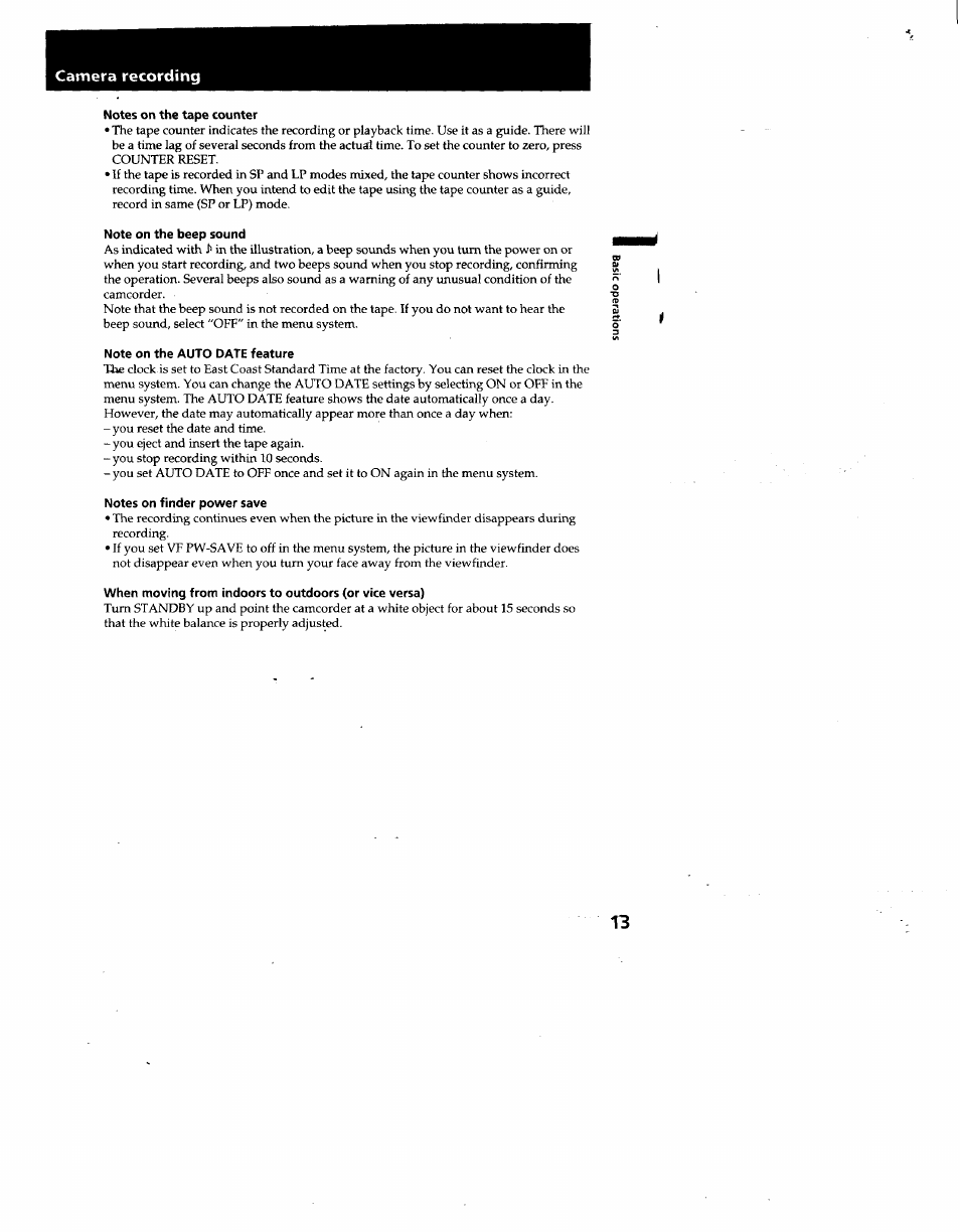 Notes on the tape counter, Note on the beep sound, Note on the auto date feature | Notes on finder power save | Sony CCD-TR930 User Manual | Page 13 / 71