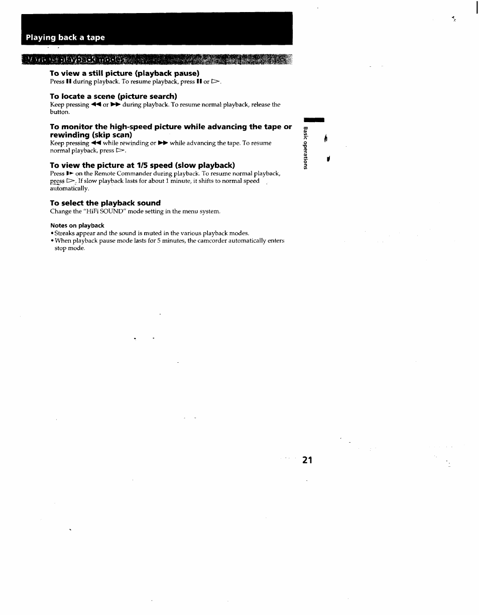 To view a still picture (playback pause), To locate a scene (picture search), To view the picture at 1/5 speed (slow playback) | To select the playback sound, Notes on playback | Sony CCD-TR930 User Manual | Page 21 / 71