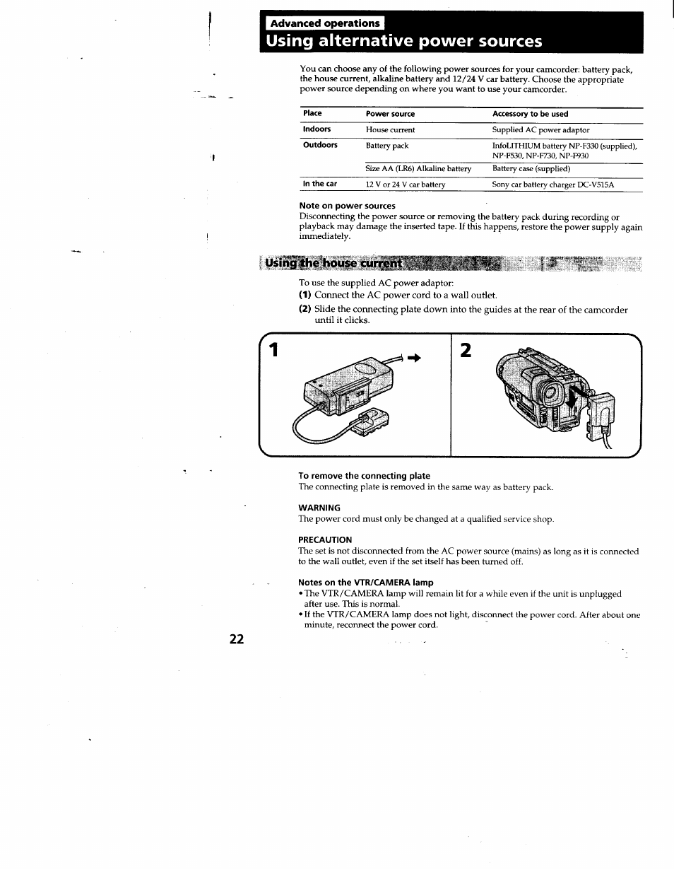 I advanced operations, Note on power sources, Usinilhe house current . г | To remove the connecting plate, Warning, Precaution, Notes on the vtr/camera lamp, Using the house current, Precautions, Using alternative power sources | Sony CCD-TR930 User Manual | Page 22 / 71