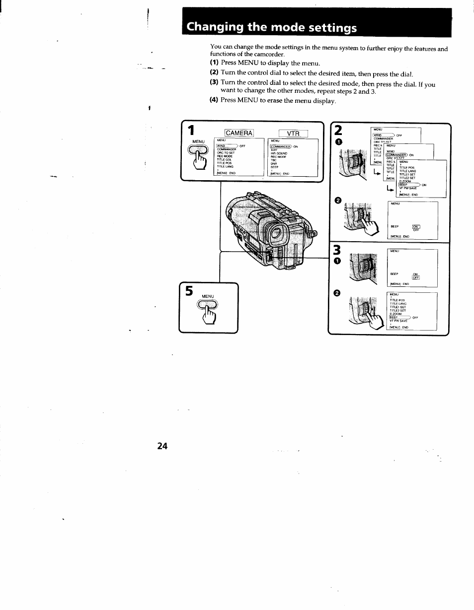 Changing the mode settings | Sony CCD-TR930 User Manual | Page 24 / 71