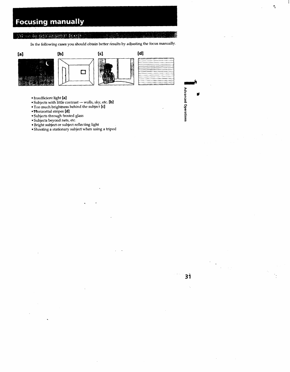 A] [b] [c] [d, Focusing manually | Sony CCD-TR930 User Manual | Page 31 / 71