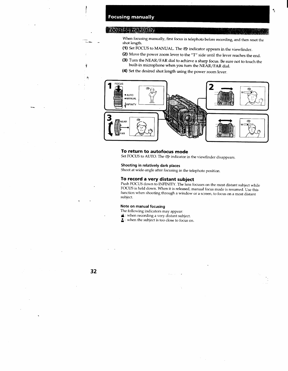 Focusing manually, To return to autofocus mode, Shooting in relatively dark places | To record a very distant subject, Note on manual focusing | Sony CCD-TR930 User Manual | Page 32 / 71