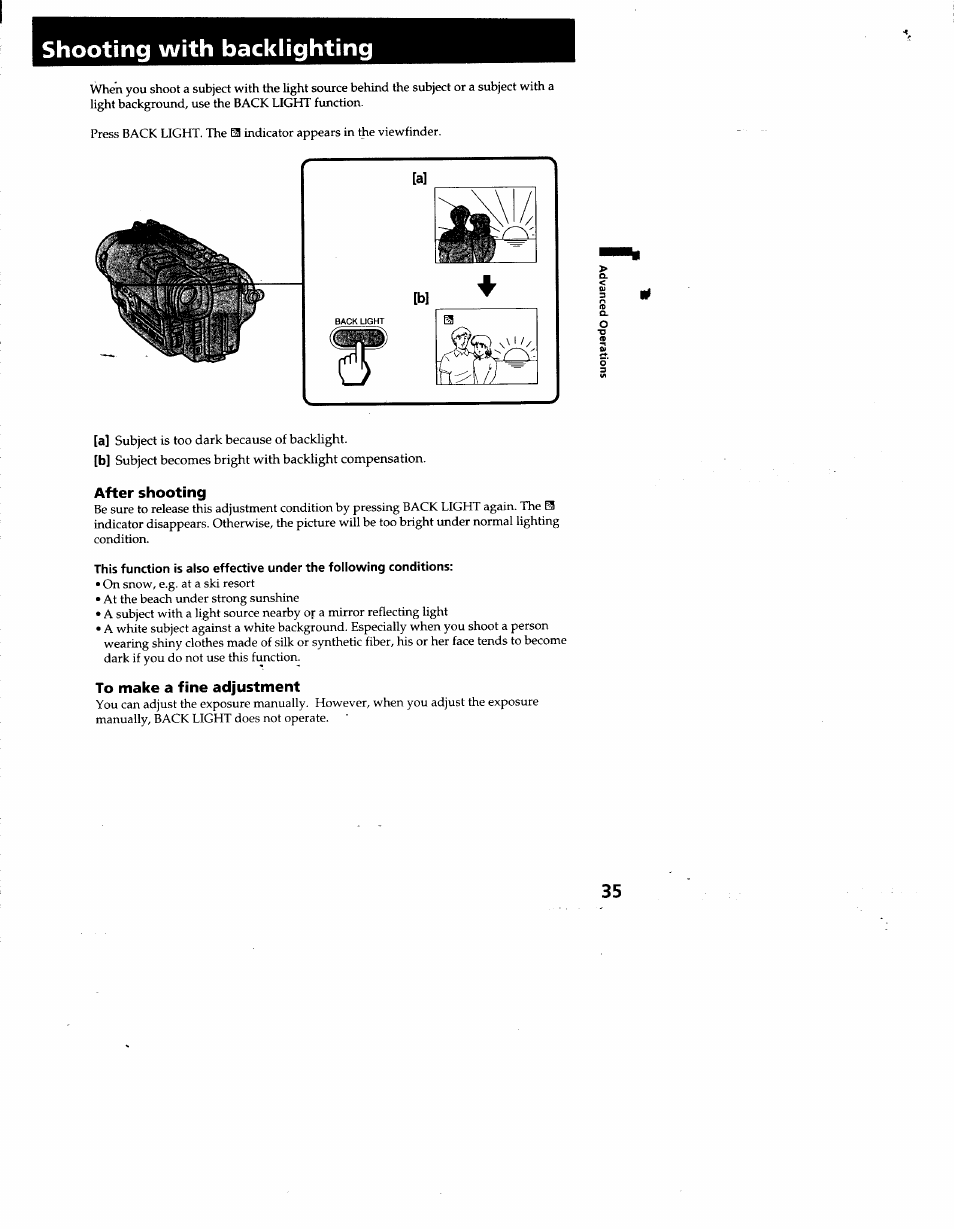 After shooting, To make a fine adjustment, Shooting with backlighting | Sony CCD-TR930 User Manual | Page 35 / 71