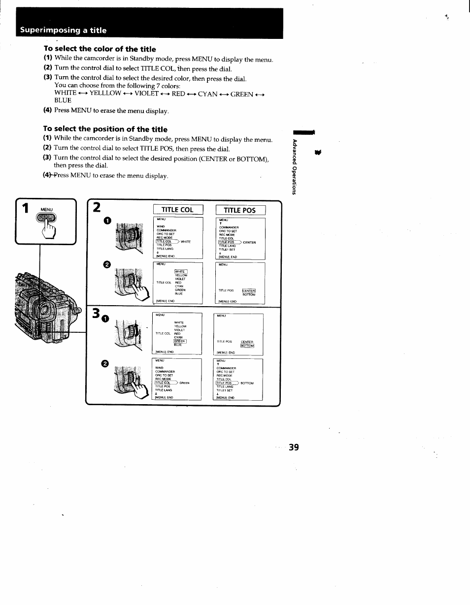 To select the color of the title, To select the position of the title, Title col | Title pos, Superimposing a title | Sony CCD-TR930 User Manual | Page 39 / 71